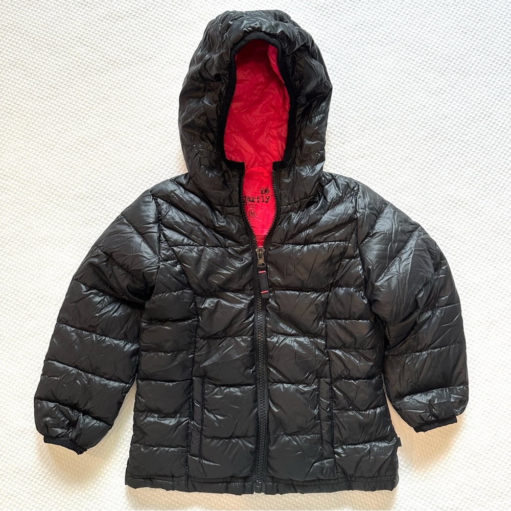 Sugarfly Kids Down Puffer Black Hooded Jacket with Hot Pink Interior Like‎ New